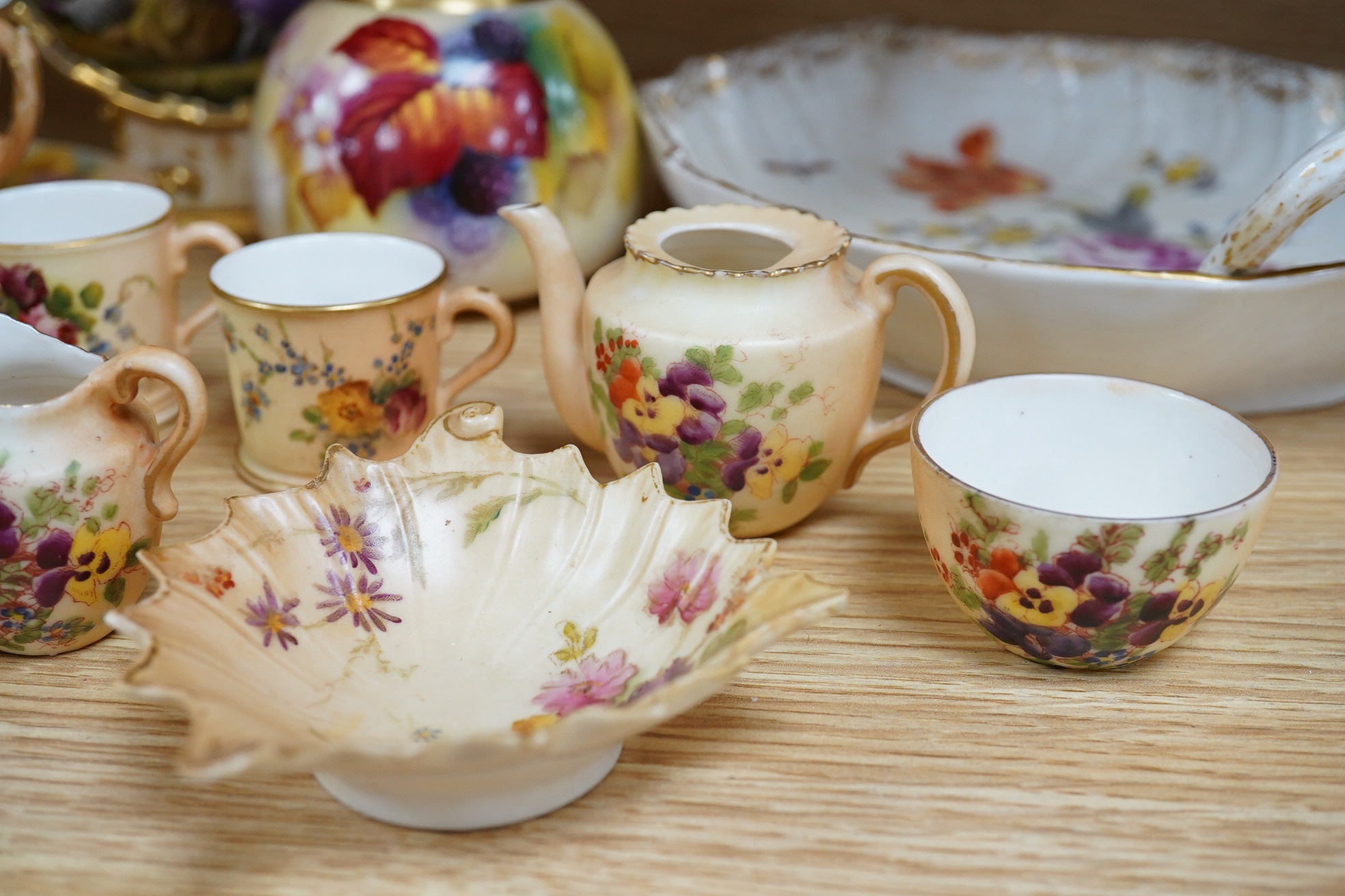 Royal Worcester including a Kitty Blake blackberry vase, a Berlin leaf dish, and a French painted moon flask, latter 21.5cm. Condition - fair to good